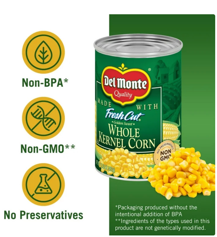Del Monte Golden Sweet Whole Kernel Corn, Canned Vegetables 15.25 oz Can (Pk 4) gallery