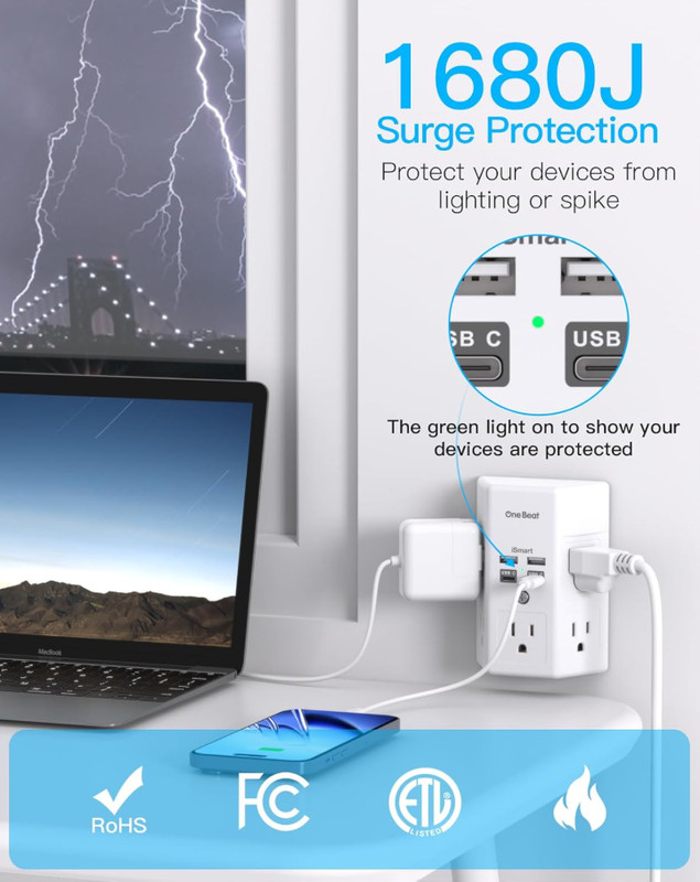 5 Outlet Extender Surge Protector Multi Plug Wall Adapter USB Charger Ports with gallery