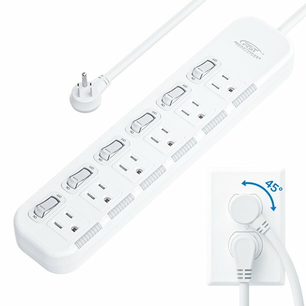 6Outlets Surge Protector Power Strip Individual Switches Flat Plug 6ft Cord 900J