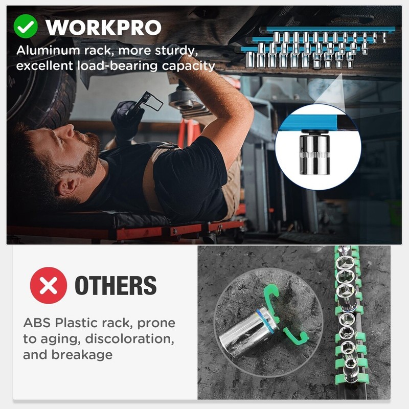 WORKPRO 3/8-Inch Dr Magnetic Socket Organizer Aluminum Alloy Socket Rail Holders gallery