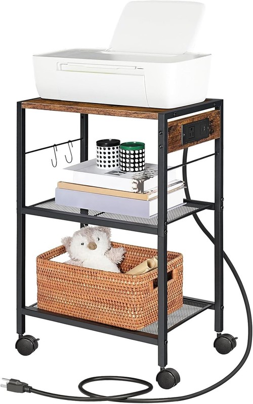 3-Tier Rustic Mobile Printer Stand with Charging Station - Space-Saving Design gallery