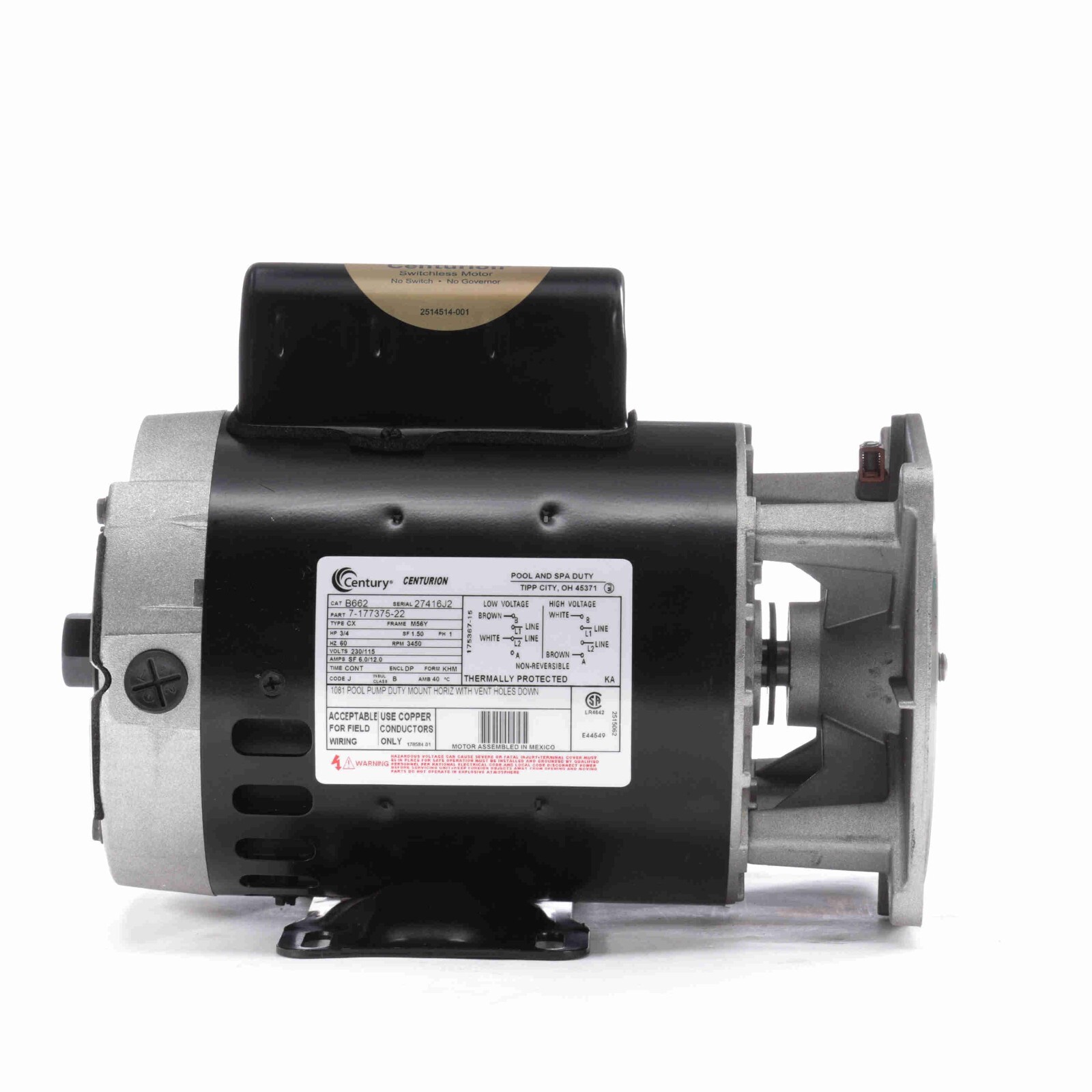 Century B662 - Pool Mump Motor - 3/4HP, 230/115V, 3600RPM, M56Y Frame gallery