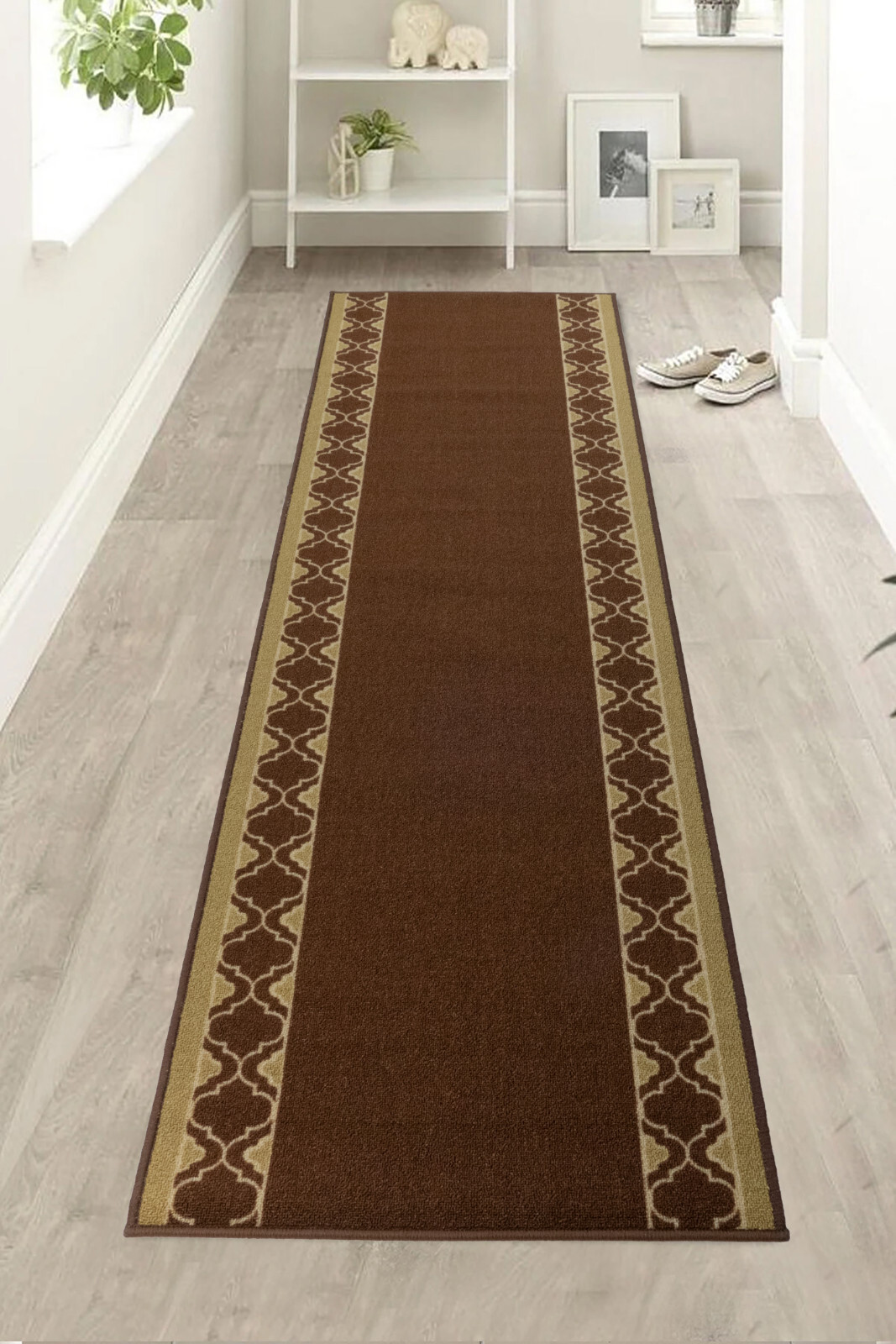 Non Slip Trellis Border Brown Design Low Pile Runner Rug 26" / 36" Wide gallery