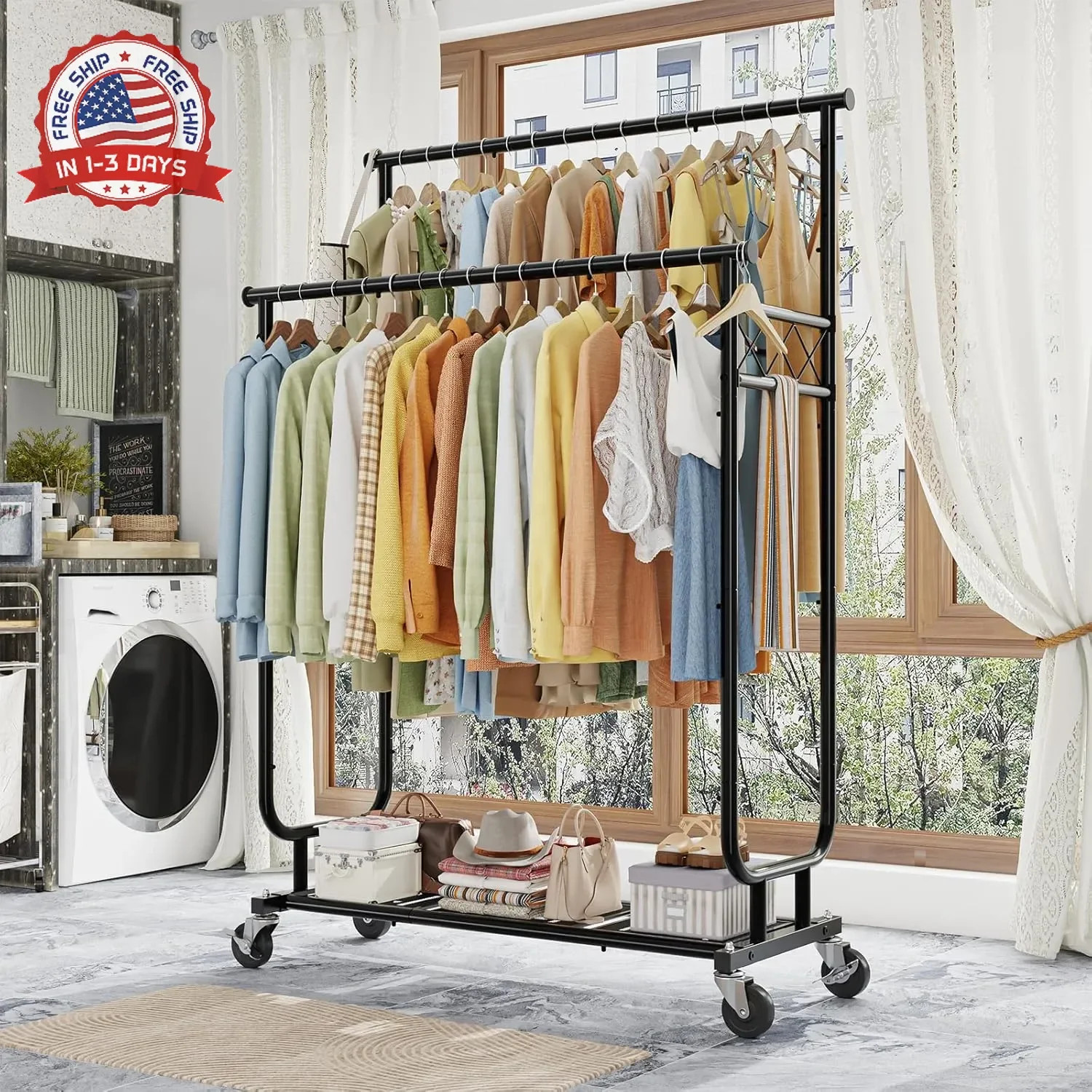 Ekisemio Heavy Duty Clothes Rack, Rolling Clothing Rack With Shelves Load 450 LB gallery