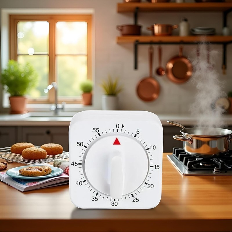 White Timer Clock Square 60-Minute Mechanical Kitchen Timer, No Batteries Req... gallery