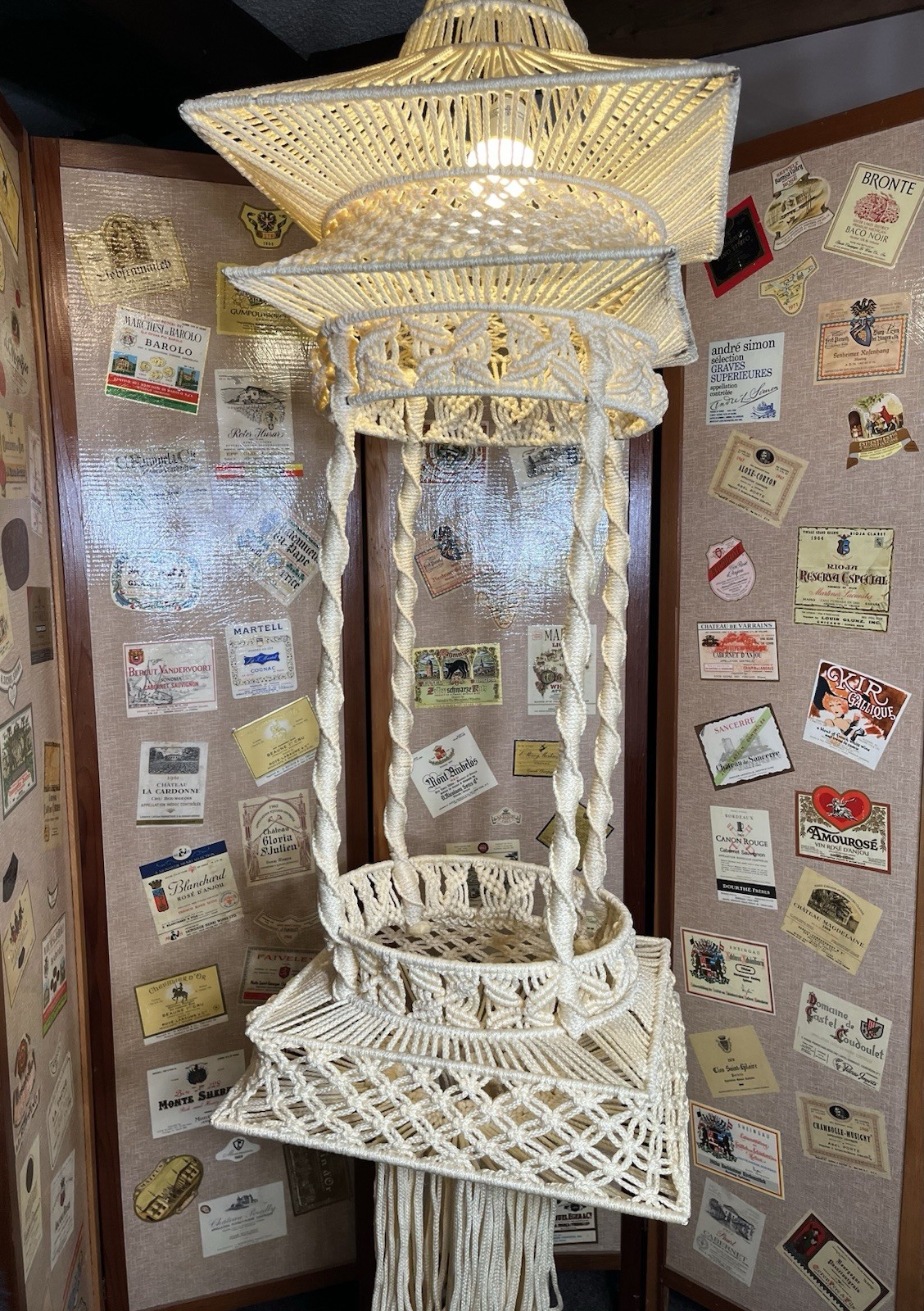 BOHO Macrame Hanging Table Plant Hanger W/ Light 1970s Coastal Beachy gallery
