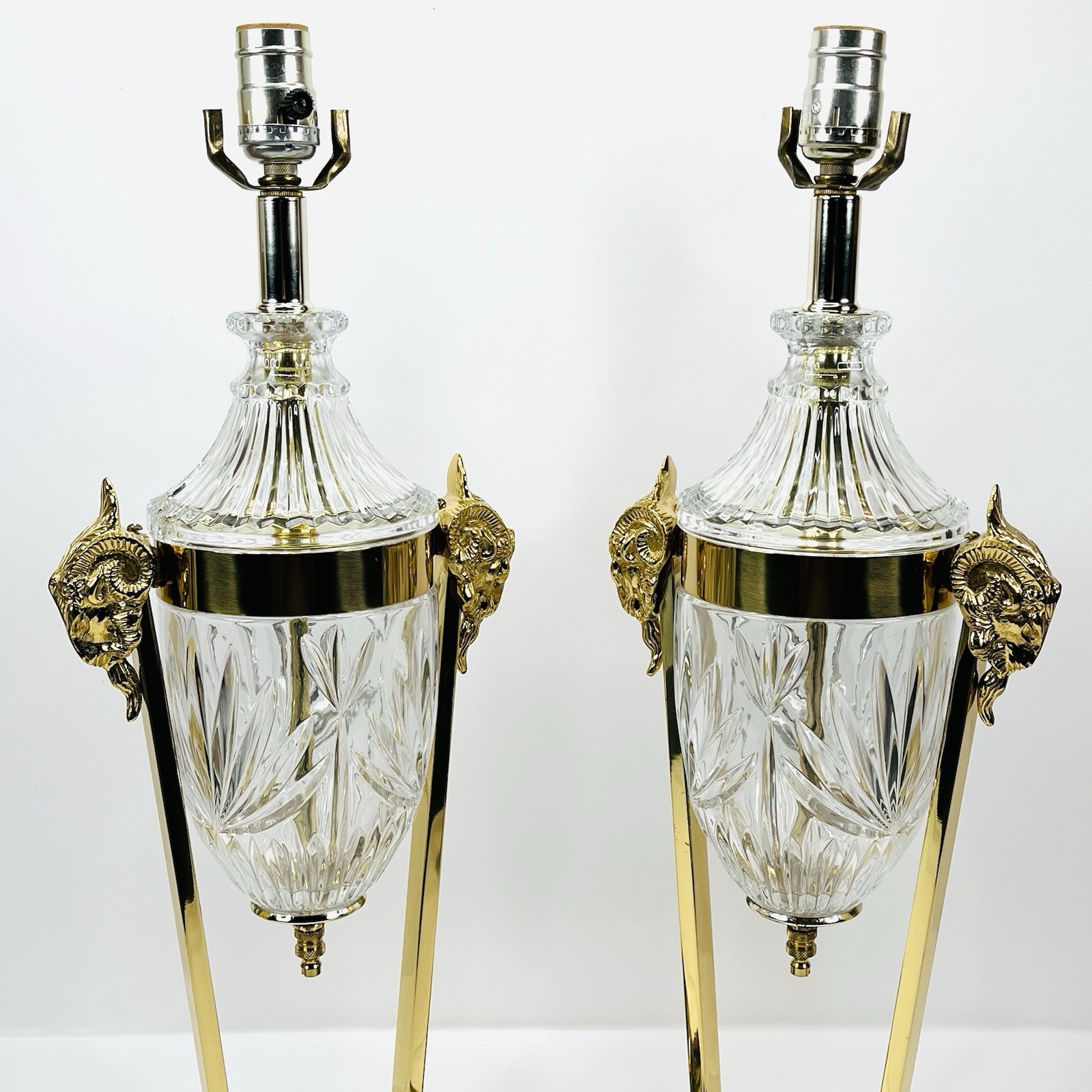 Vintage Regency Rams Head Brass & Crystal Lamps Both Work BEAUTIFUL QUALITY gallery