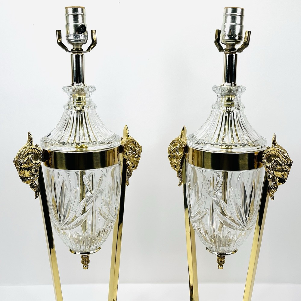 Vintage Regency Rams Head Brass & Crystal Lamps Both Work BEAUTIFUL QUALITY