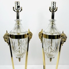 Vintage Regency Rams Head Brass & Crystal Lamps Both Work BEAUTIFUL QUALITY