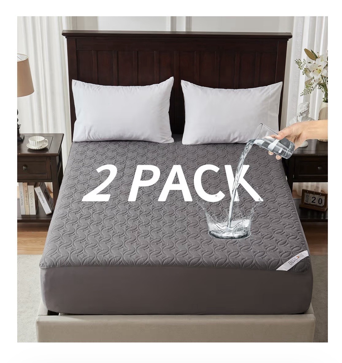 Bedlore King Gray Waterproof Breathable Quilted Mattress Pad 2 Pack Washable gallery