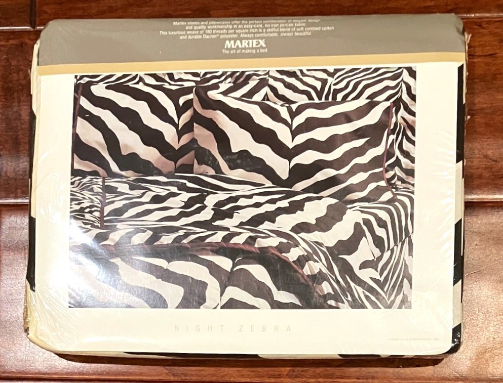 NEW 1980s Martex Perry Ellis Night Zebra Full Flat Sheet Black Cream Old Stock gallery