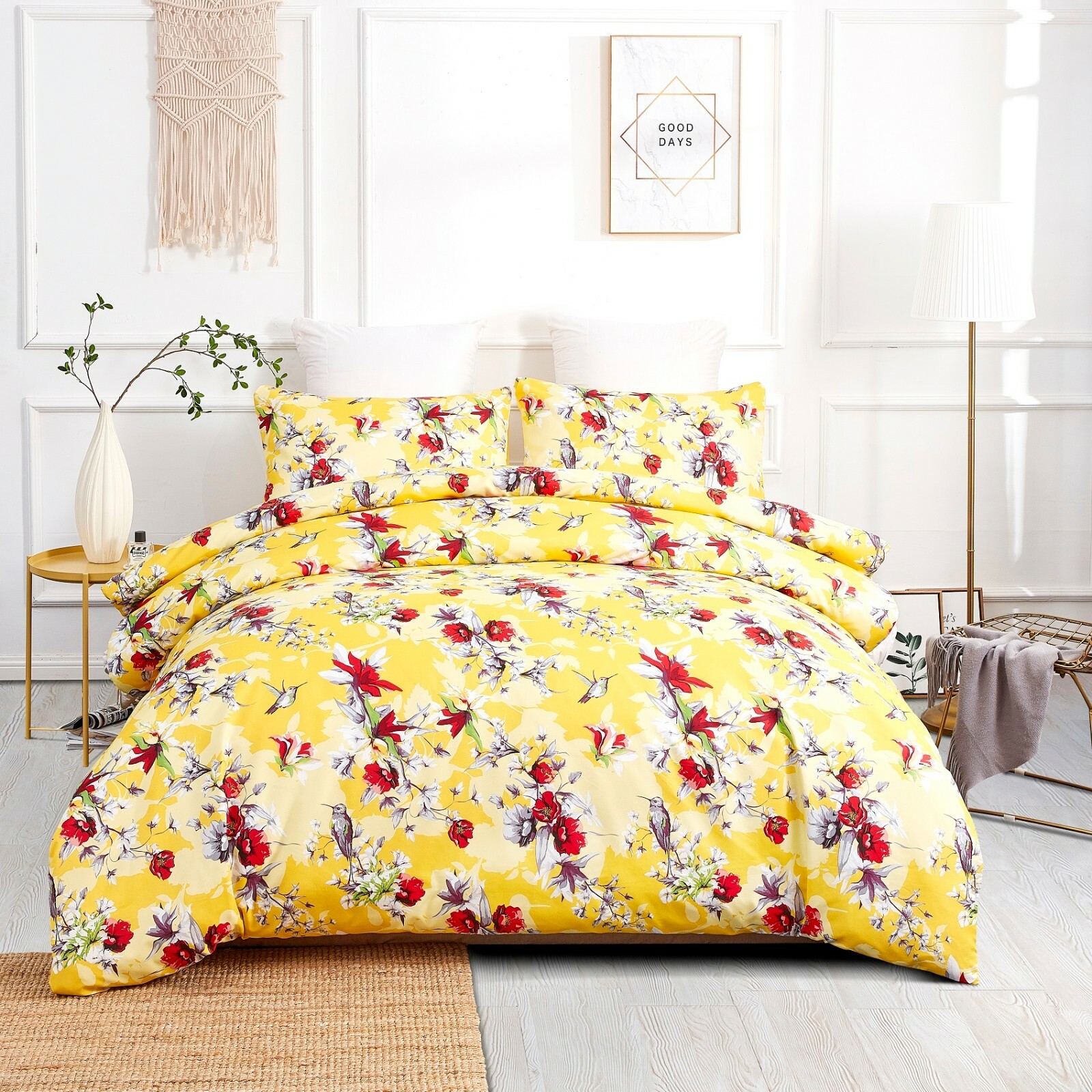 DaDa Bedding Sunshine Yellow Hummingbirds Floral Duvet Cover Set w/ Pillow Cases gallery