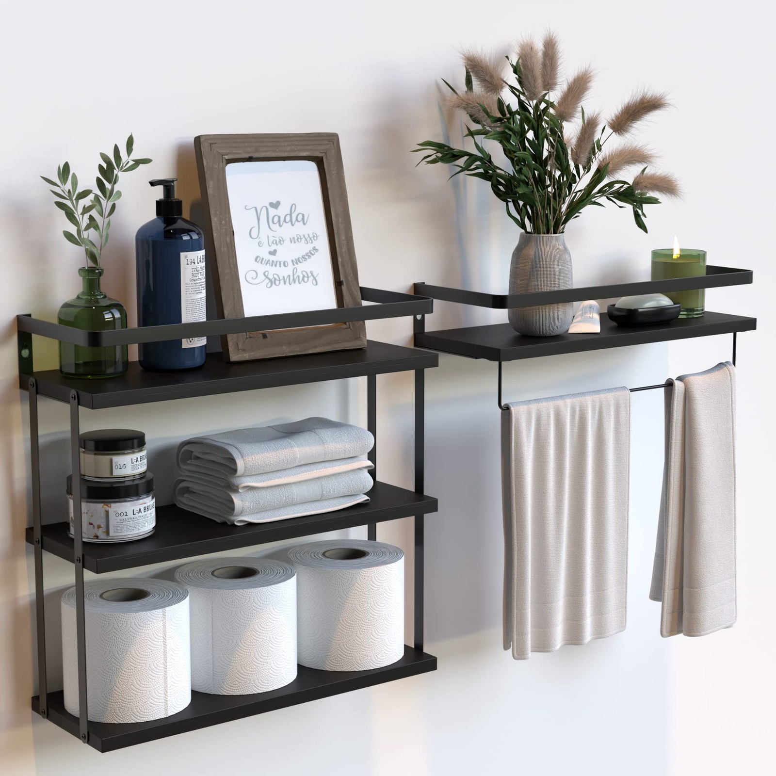 3+1 Tier Wall Mounted Rustic Wood Floating Shelves Metal Frame Black 2 PCS gallery