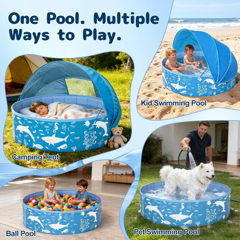 55” Extra Large Kiddie Pool with Canopy, UPF 50+ Sun Shade Baby Pool, No Inflat gallery