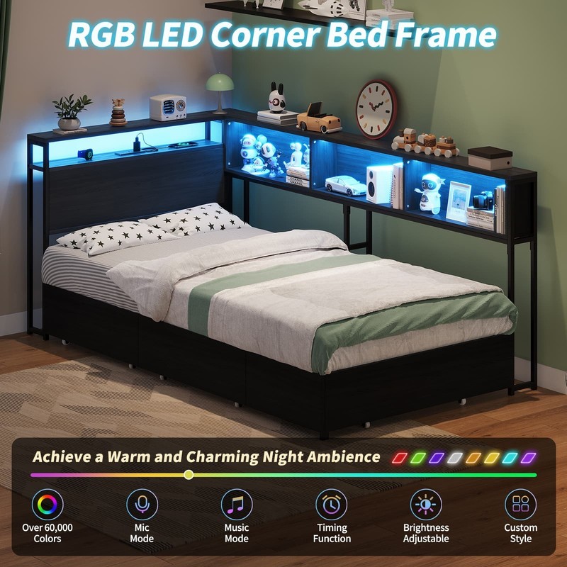 Twin Corner Bed Frame with LED Headboard, Charging Station, Storage Drawers, Bla gallery