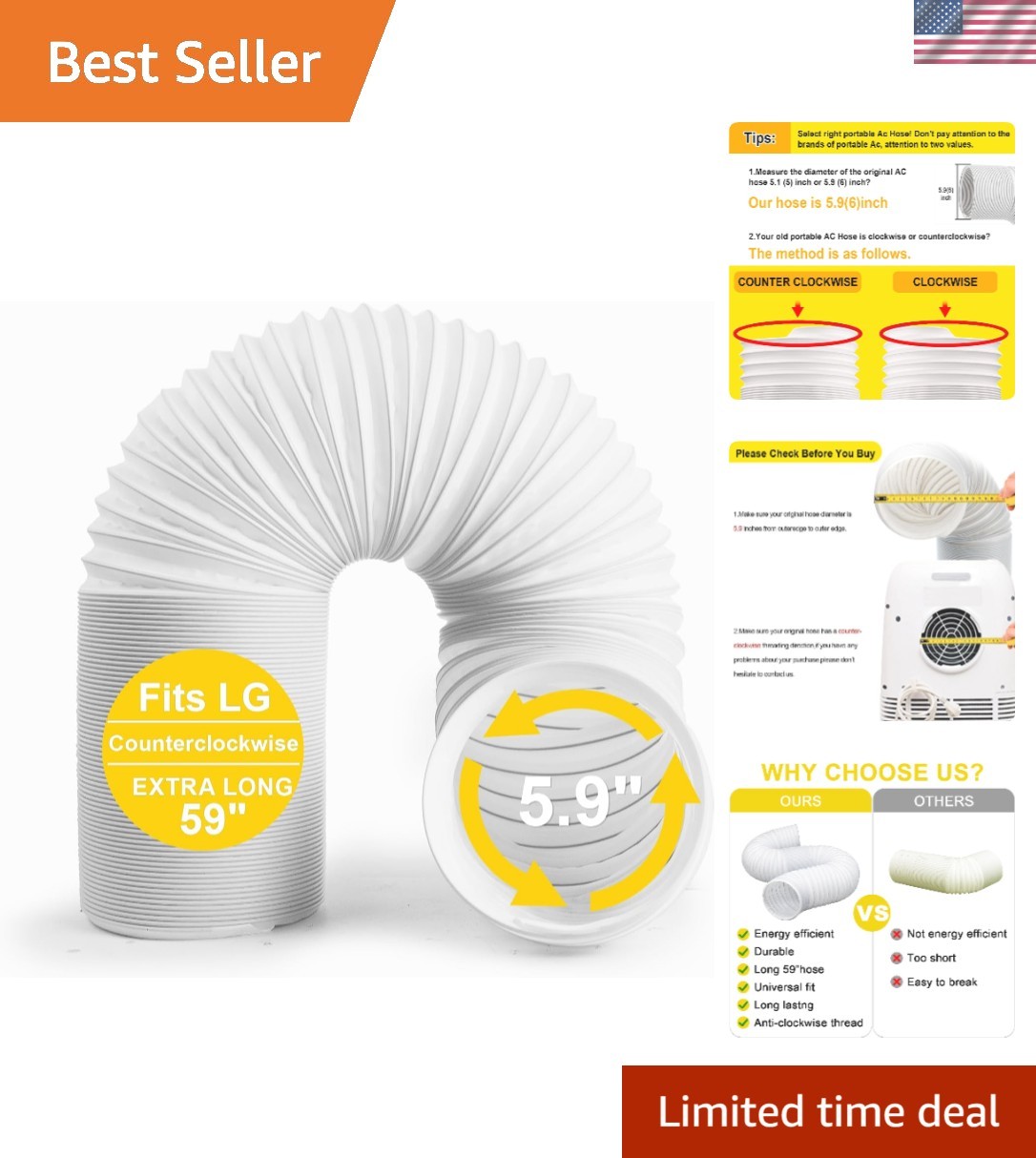 Portable Air Conditioner Hose, 5.9" Diameter Anti-Clockwise Thread, Universal... gallery