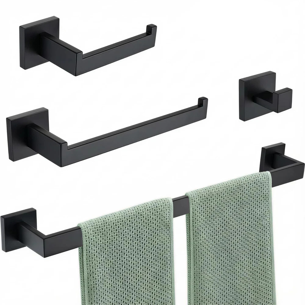 Matte Black 4-Piece Complete Bathroom Accessory Set Towel Bar & Hardware Kit gallery