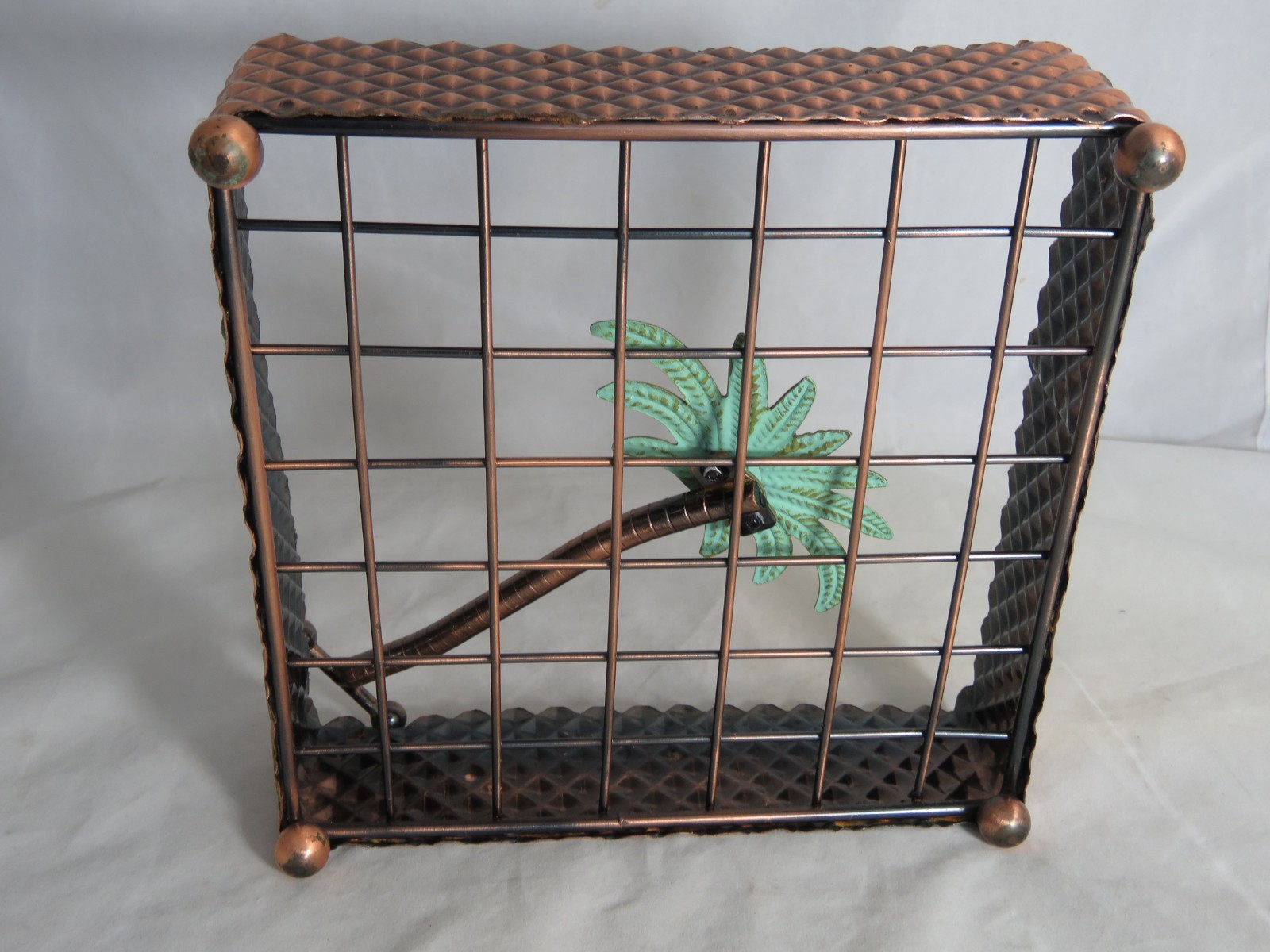Square Metal Copper Toned Paper Napkin Holder with Hinged Palm Tree Holder gallery