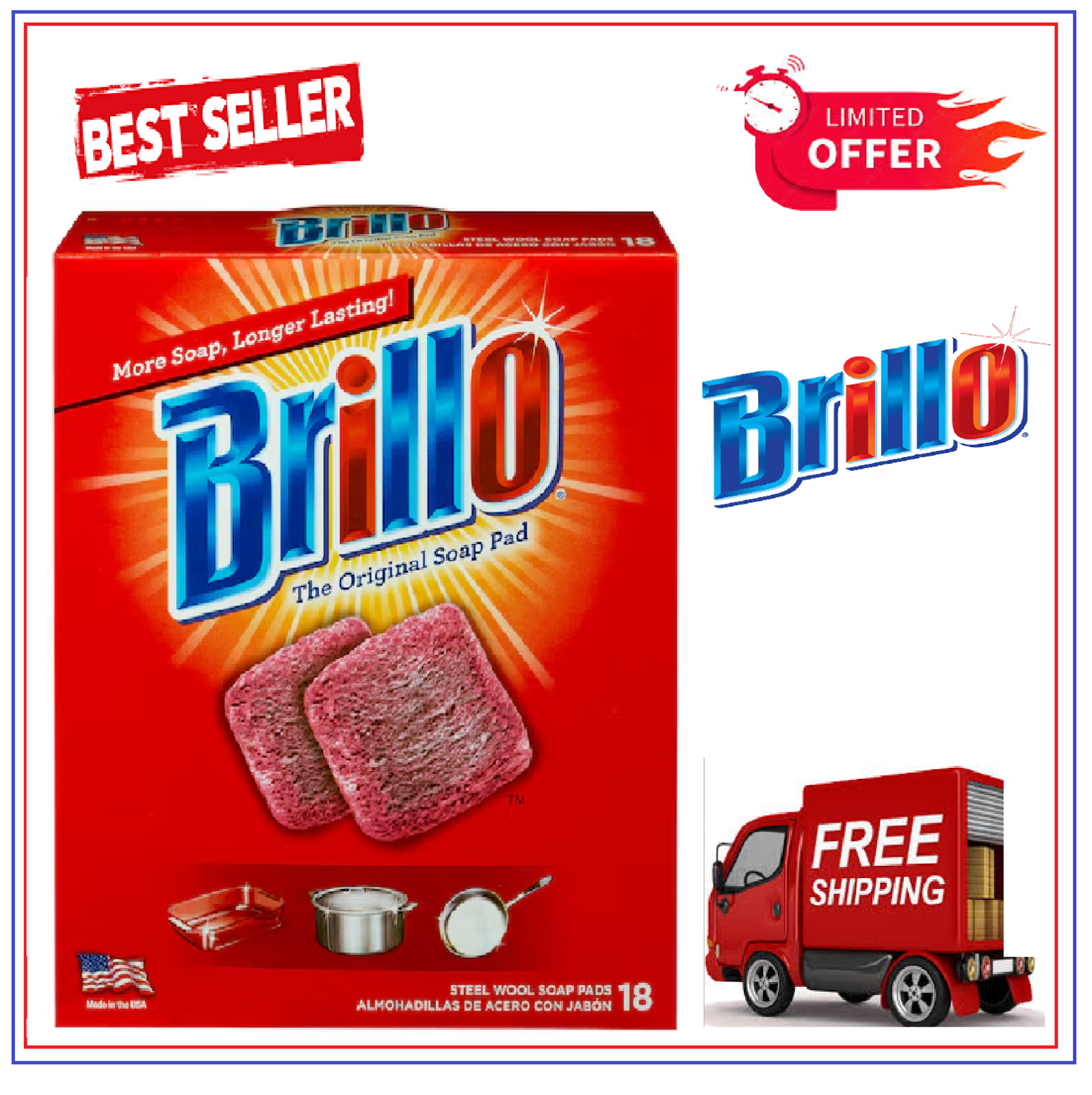 18 PADS - Brillo Steel Wool Scouring Soap Pad Pots Pans Grills Dishes Kitchen gallery