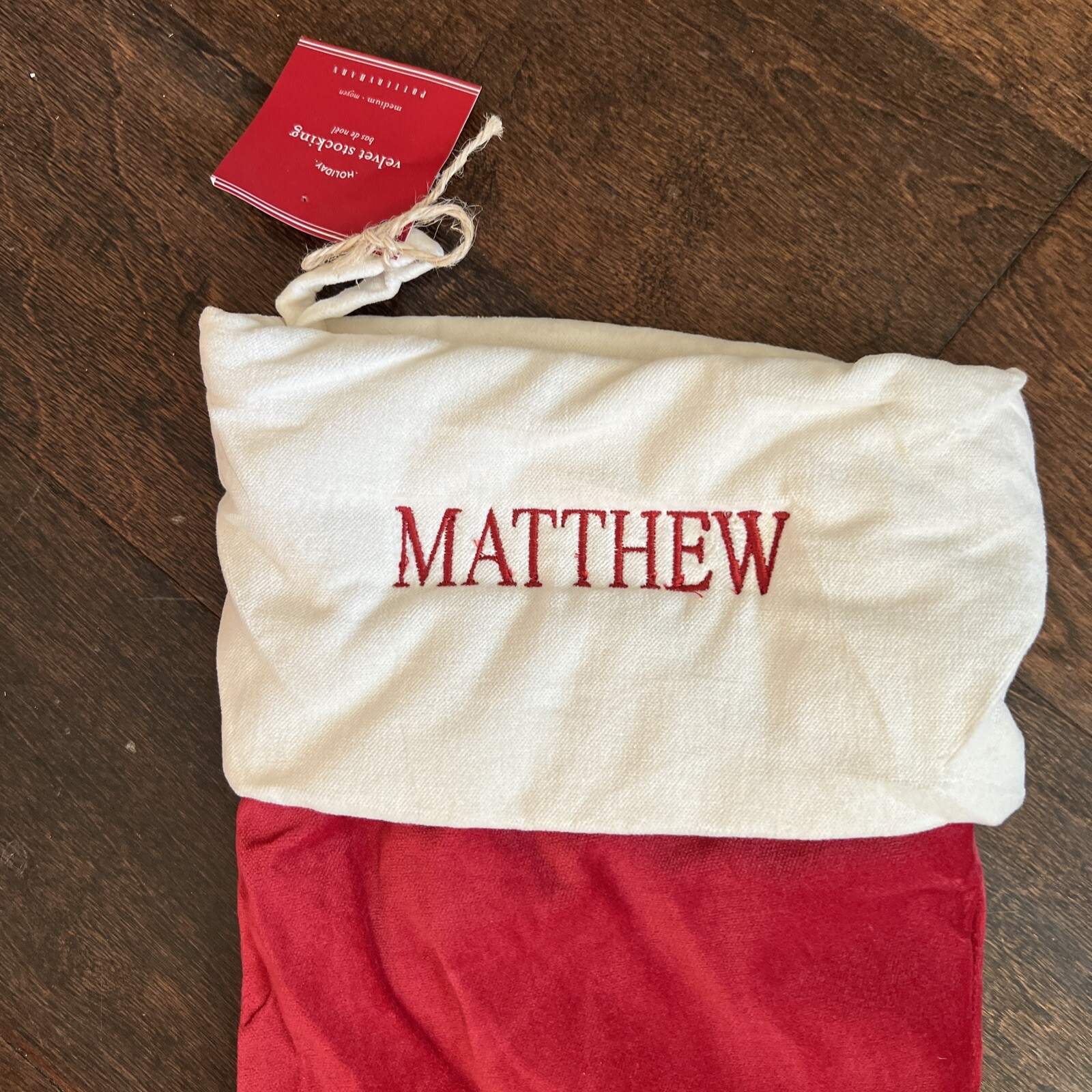 NWT Pottery Barn Classic Medium Red Ivory Velvet Christmas Stocking Mono Matthew gallery