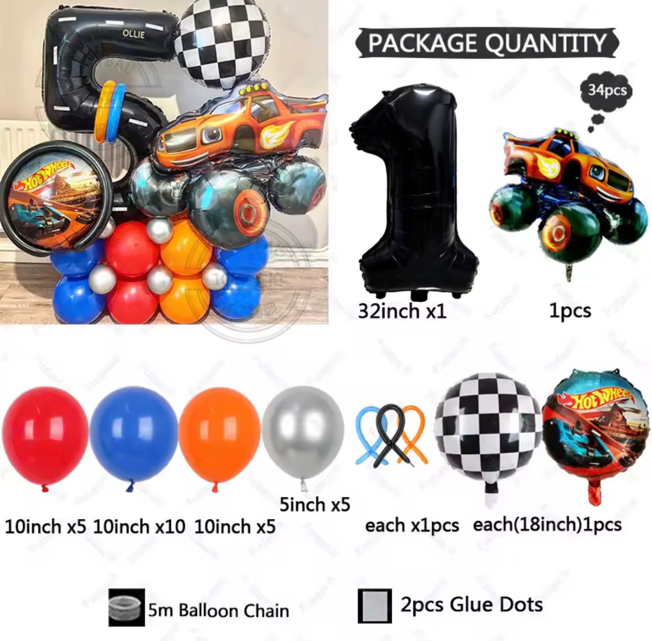 34pcs Hot Wheels Theme Boy Birthday Party Blaze Racing Flame Cars Balloon Set UK gallery