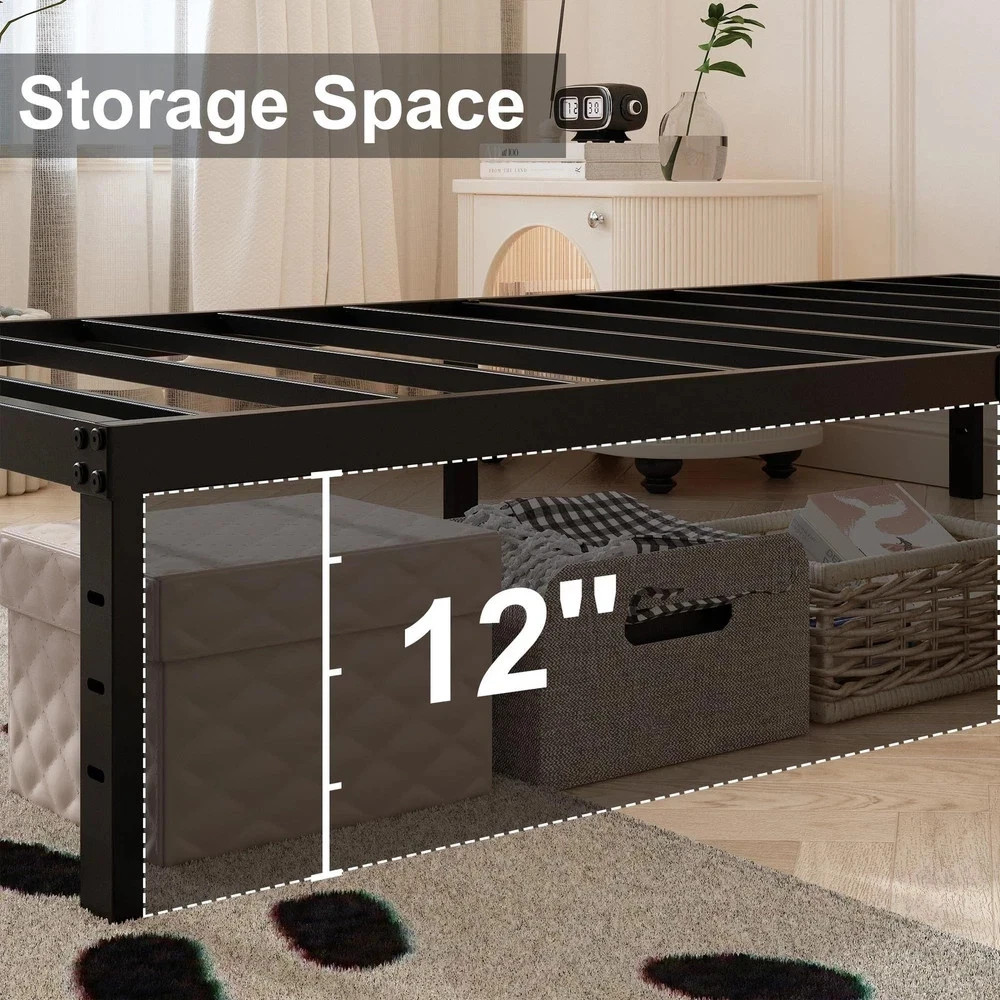 Bed Frame Queen 14 Inch 3000 lb Heavy Duty Metal Black Maenizi Size White Fabric gallery