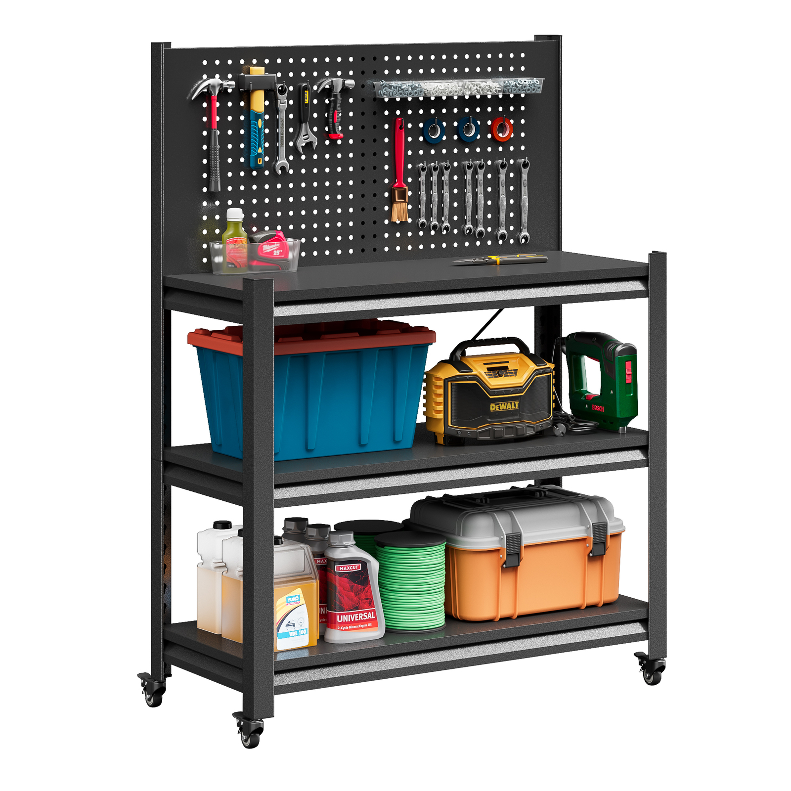 Garage Workbench Tool Storage Shelves w/Pegboard Metal Work Bench With 4 Wheels gallery