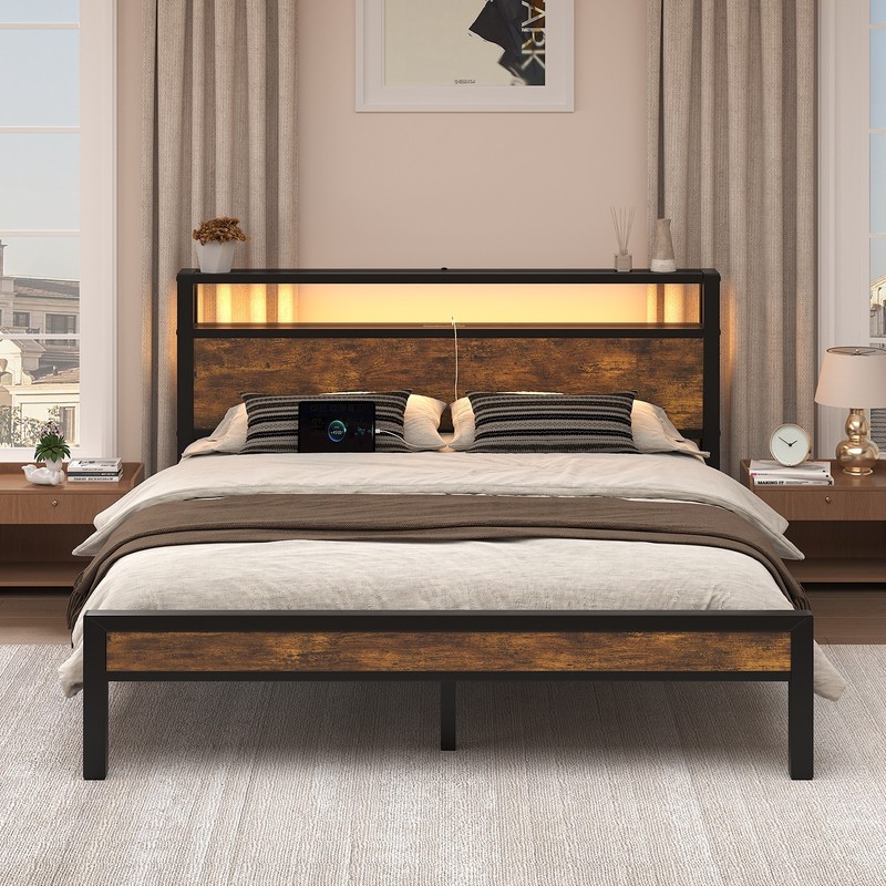 Full/Queen/King Size Bed Frame with LED Lights Headboard and 2-Tier Storage gallery