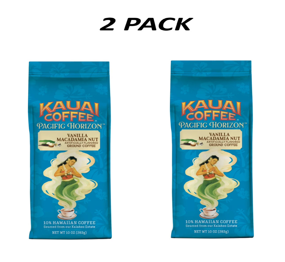 (2 Pack) Kauai Coffee Vanilla Macadamia Nut Medium Roast 10 oz Ground.