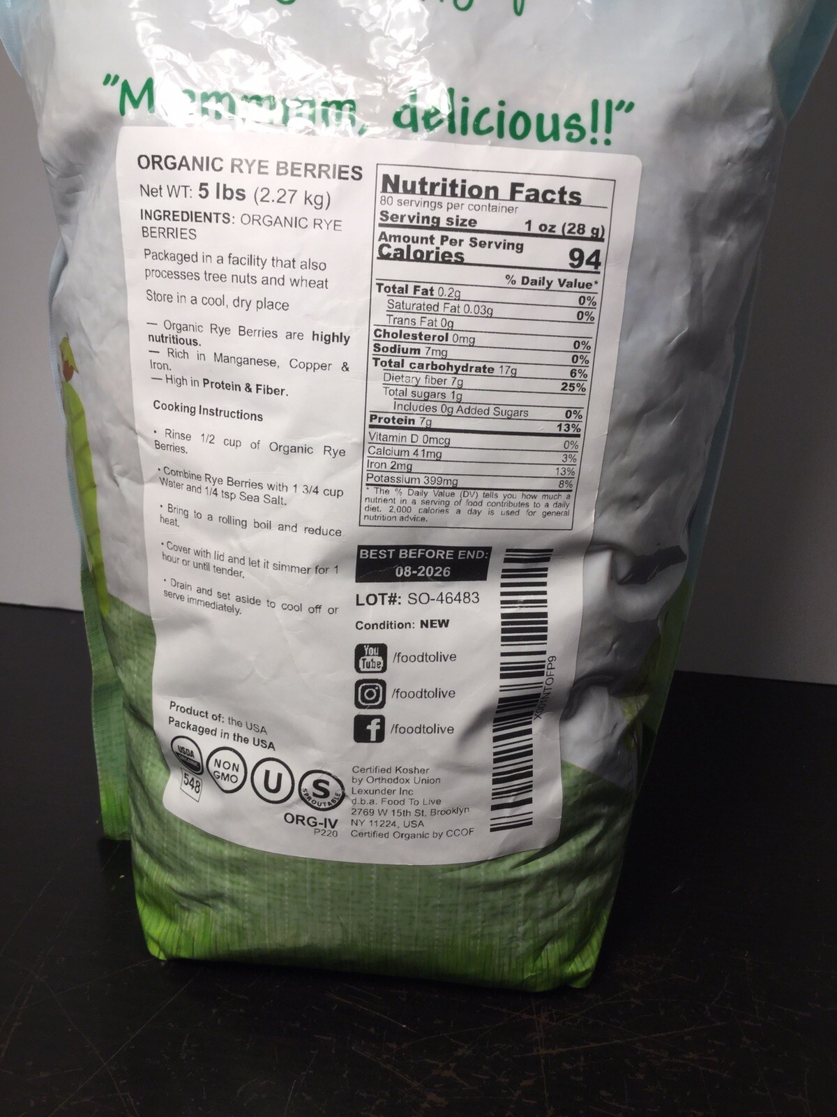 Organic Rye Berries 5 LB Pound Bag USDA & Organic Certified Food To Live Brand gallery