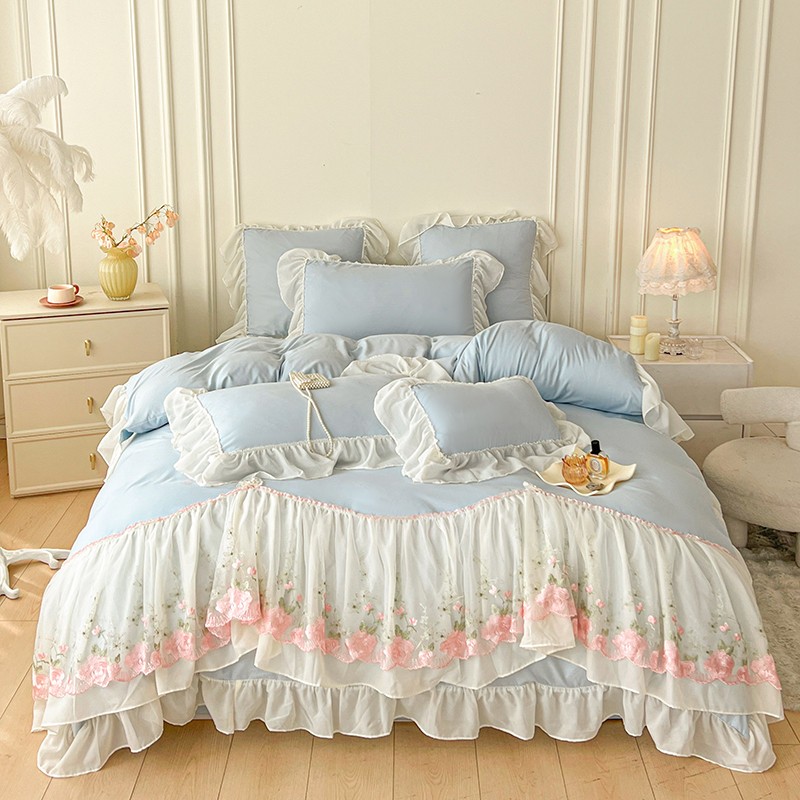 4pcs/lot Bedding Set Lace Cotton Embroidery Flowers Duvet Cover Flat Sheet Set gallery