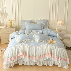 4pcs/lot Bedding Set Lace Cotton Embroidery Flowers Duvet Cover Flat Sheet Set