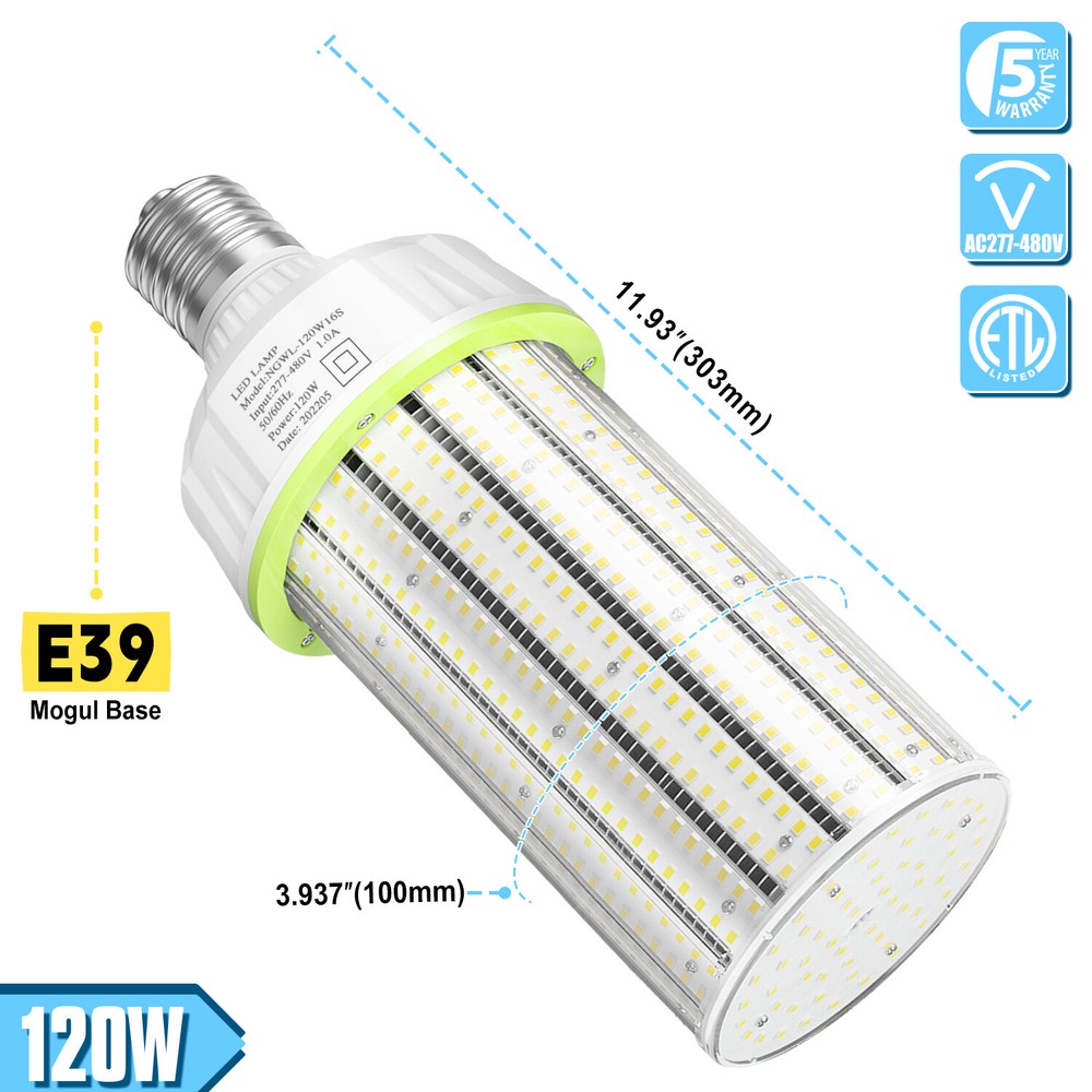 120 Watts LED Corn Light Bulb, E39 Mogul Base High Bay LED Bulb 6000K 277-480VAC