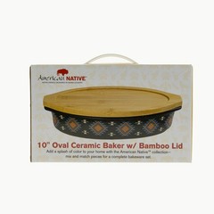 American Native 10″ Oval Ceramic Baker w/ Bamboo Lid – Tribal Design – New