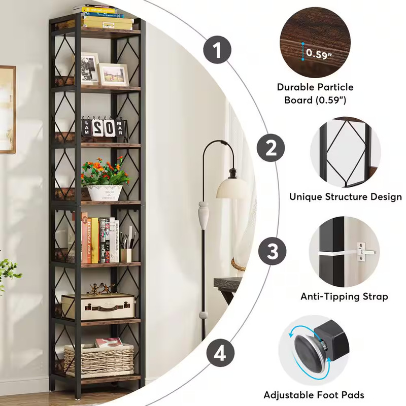 Jannelly 79 In. Rustic Brown 7-Shelf Narrow Bookcase with Metal Frame, Corner Et gallery