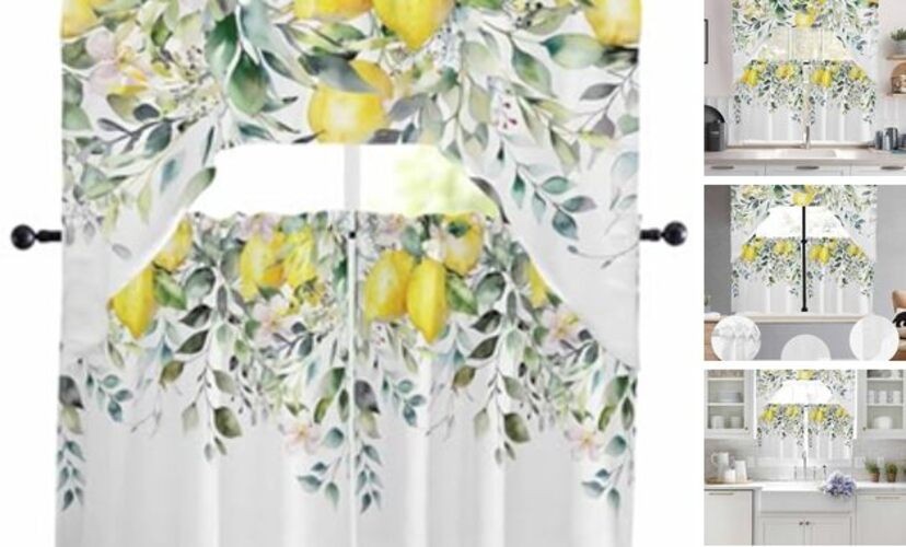 Kitchen Curtains Sets 24 Inch Length with 24"W x 56"L (Pack of 3) Yellow Lemon gallery