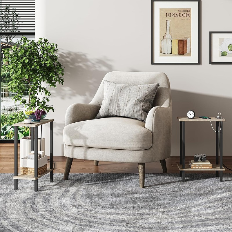 TUTOTAK Small End Table with Charging Station, Narrow Side Greige gallery