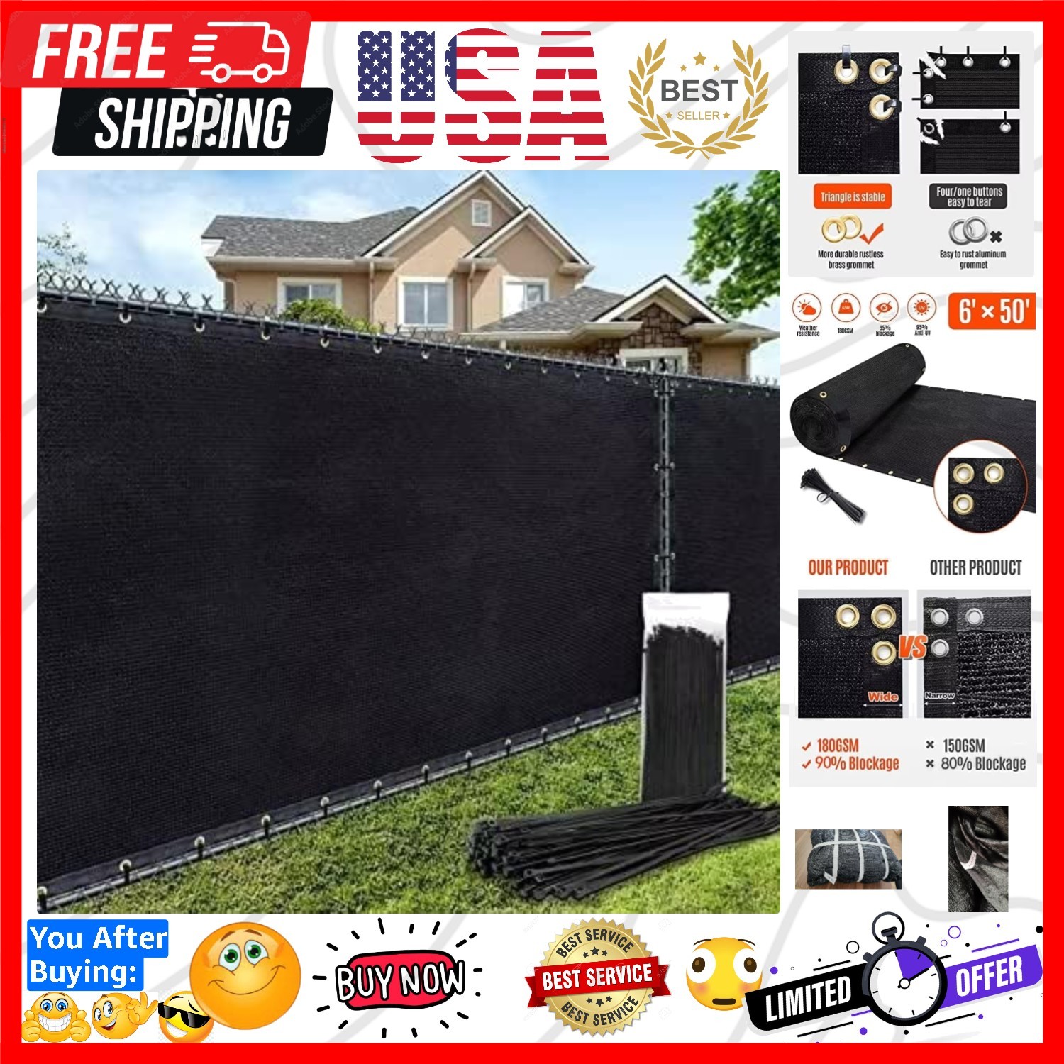Breathable 180GSM Black Fence Privacy Screen 6ft x 50ft - Easy Install & Durable gallery