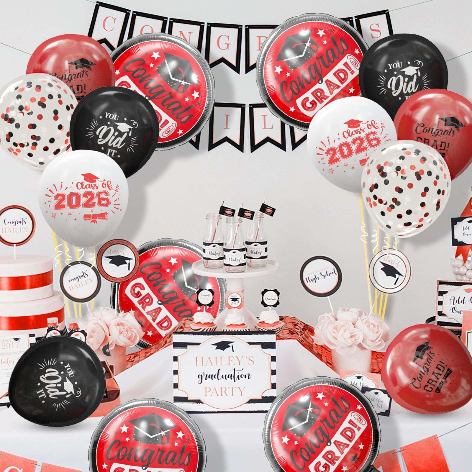 Graduation Black and Red Balloons 2026 Grad Latex Confetti Balloons with Con... gallery