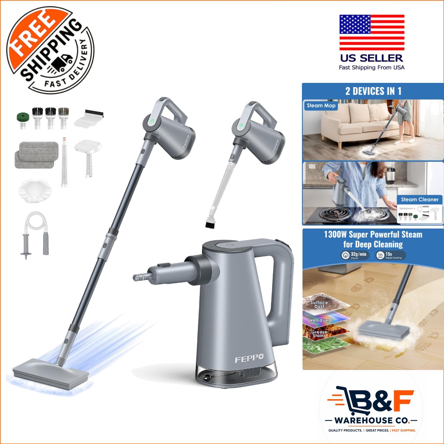 Chemical-Free Deep Cleaning Steam Mop & Detachable Handheld Cleaner - 370ml Tank gallery