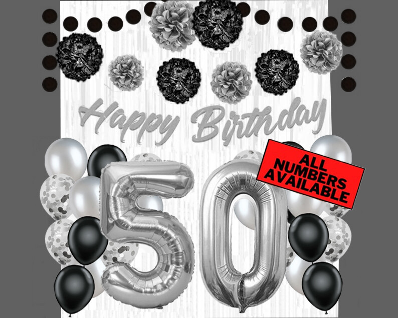 Silver & Black 50th Birthday Decorations - 40" Number Balloons &More Boy or Girl gallery