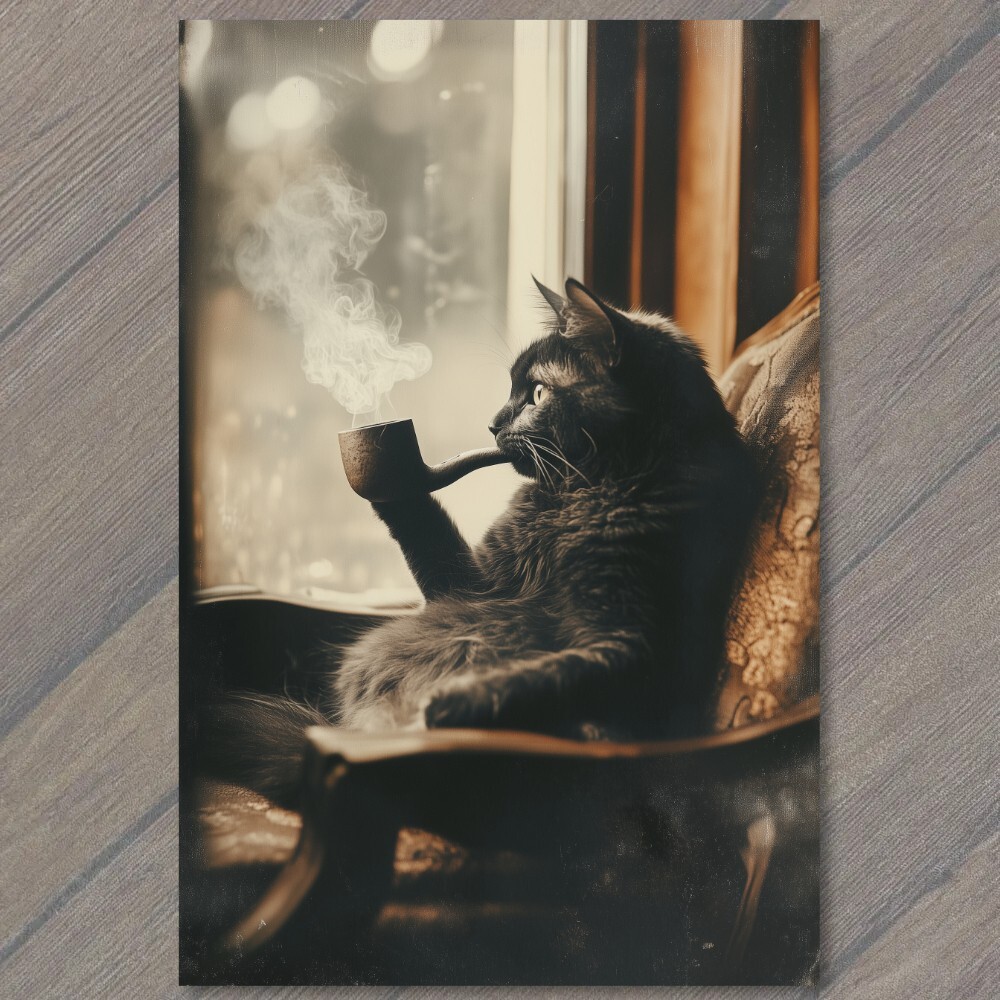 Art Print Anthropomorphic Cat Chair Smoking Pipe Retro Feline Funny Unusual Fun gallery