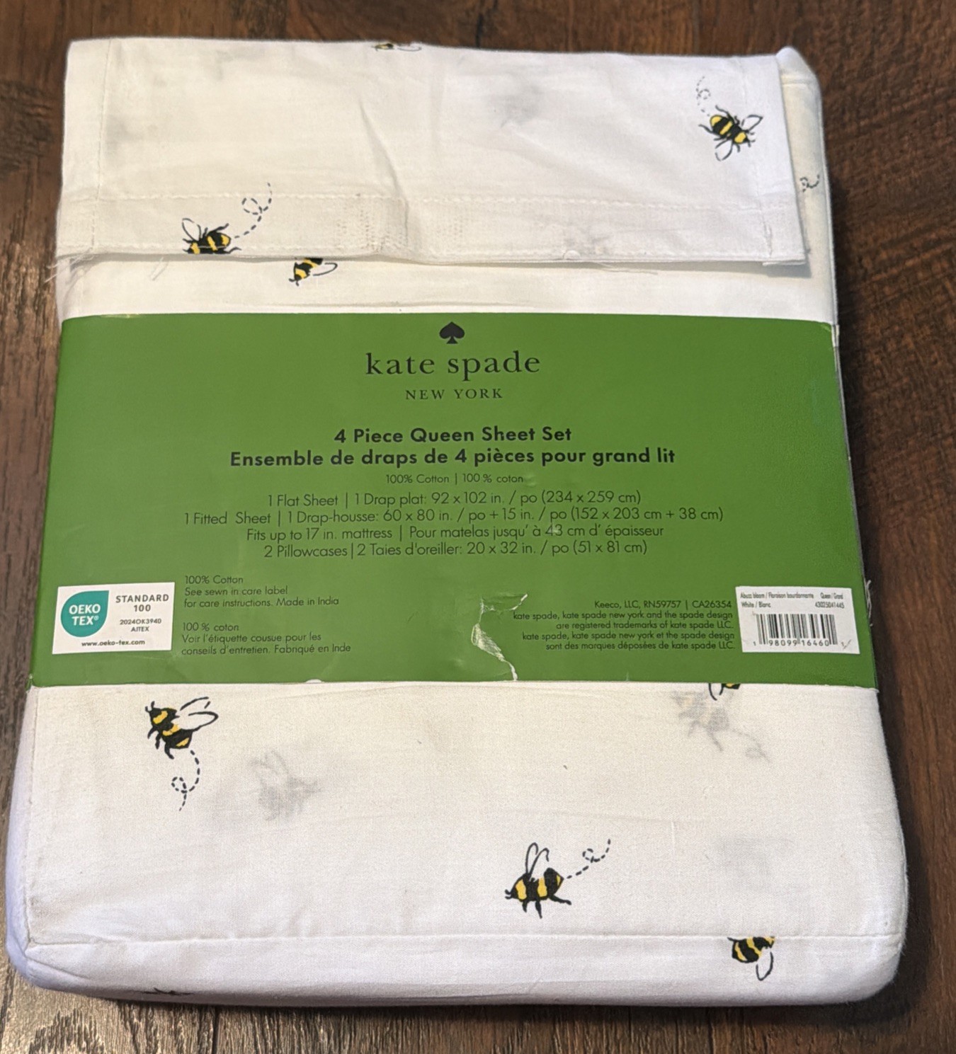 Kate Spade 4pc Queen Sheet Set Bee Bumblebees Summer Spring Fitted Flat Bedding gallery