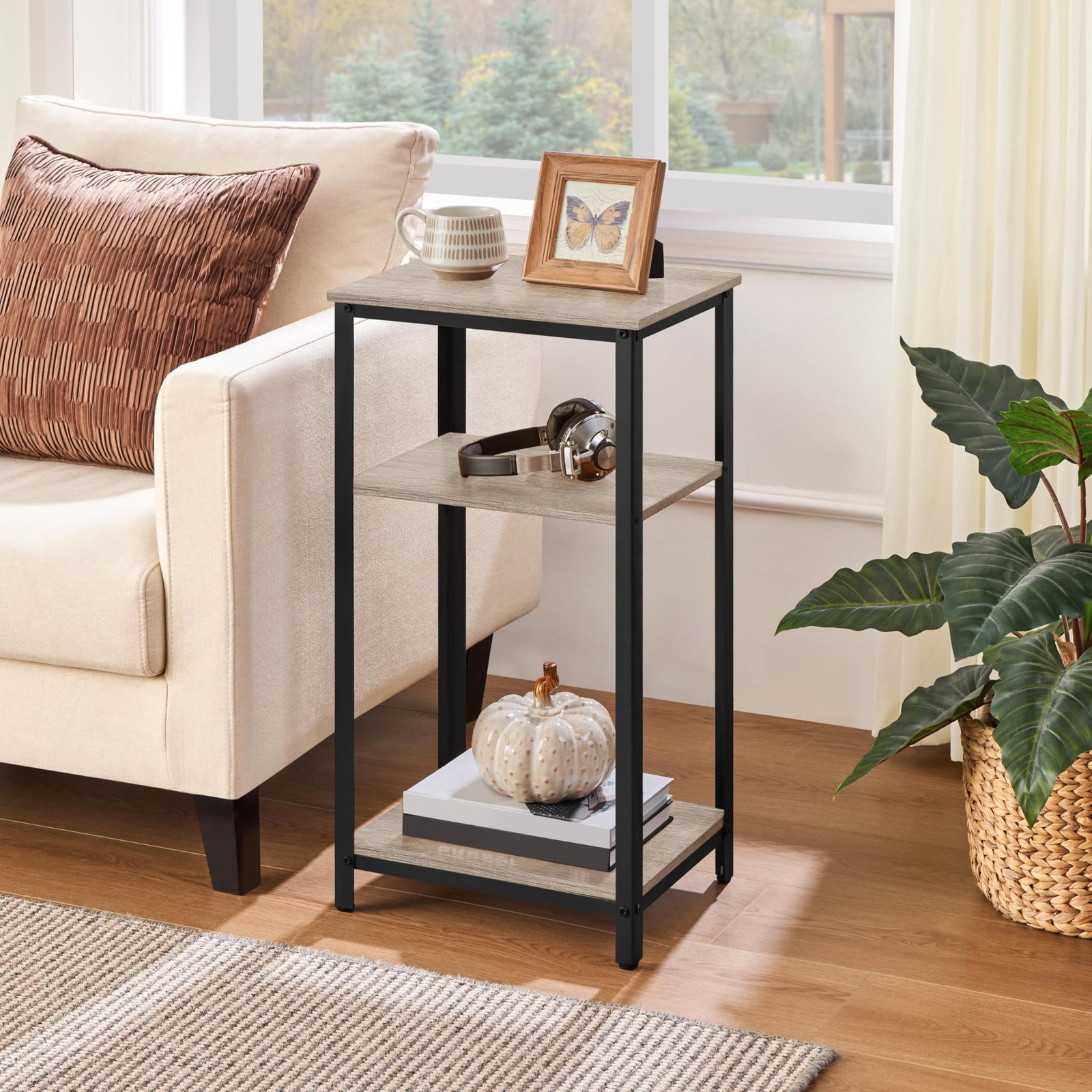30 in Tall End Table, 3-Tier with Strong Wooden Shelves, Small Side Table, Gray gallery