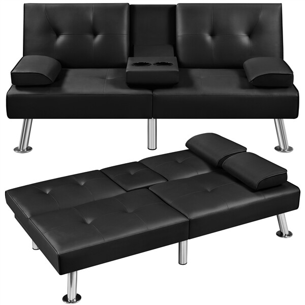 Faux Leather Sofa Bed Convertible Futon Sofa with 2 Throw Pillows Cup Holders gallery