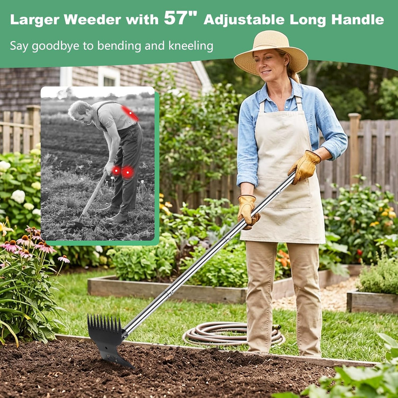 Larger Weed Puller Tool with Long Handle, Heavy Duty 10 Teeth Weed Rake & Hoe Ga gallery