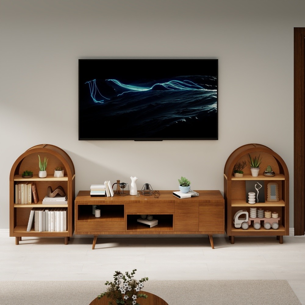 Arched Small Bookcase, Walnut 3-Tier Storage Cabinet with Glaze Finish gallery