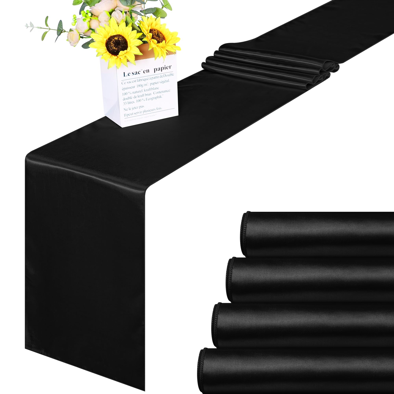 4 Pack Satin Table Runner 12 x 108 Inch Black Smooth Fabric Party Decoration gallery