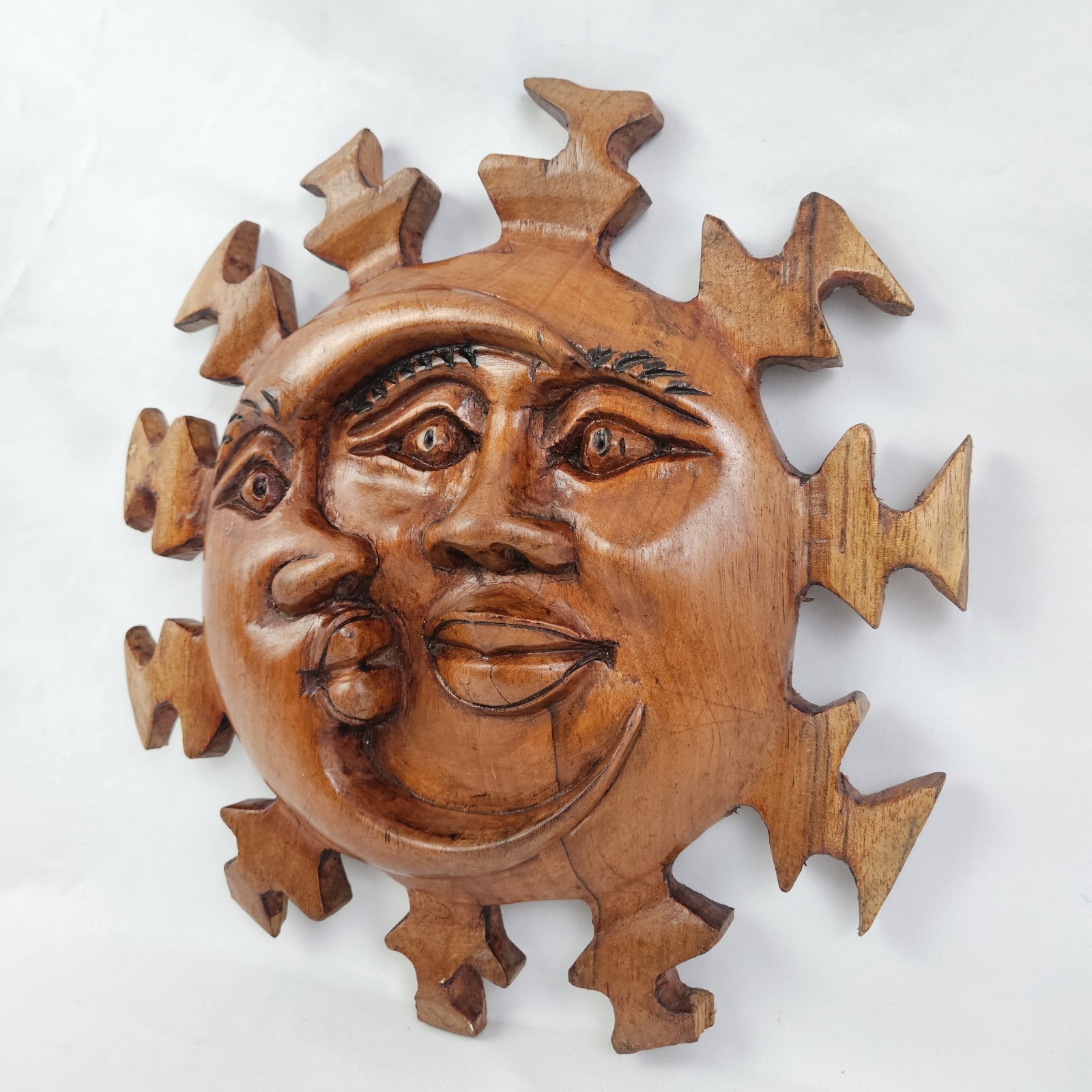 Celestial Man Sun Moon Sculpture Carved Wood Wall Decor Hanging Plaque 13" gallery