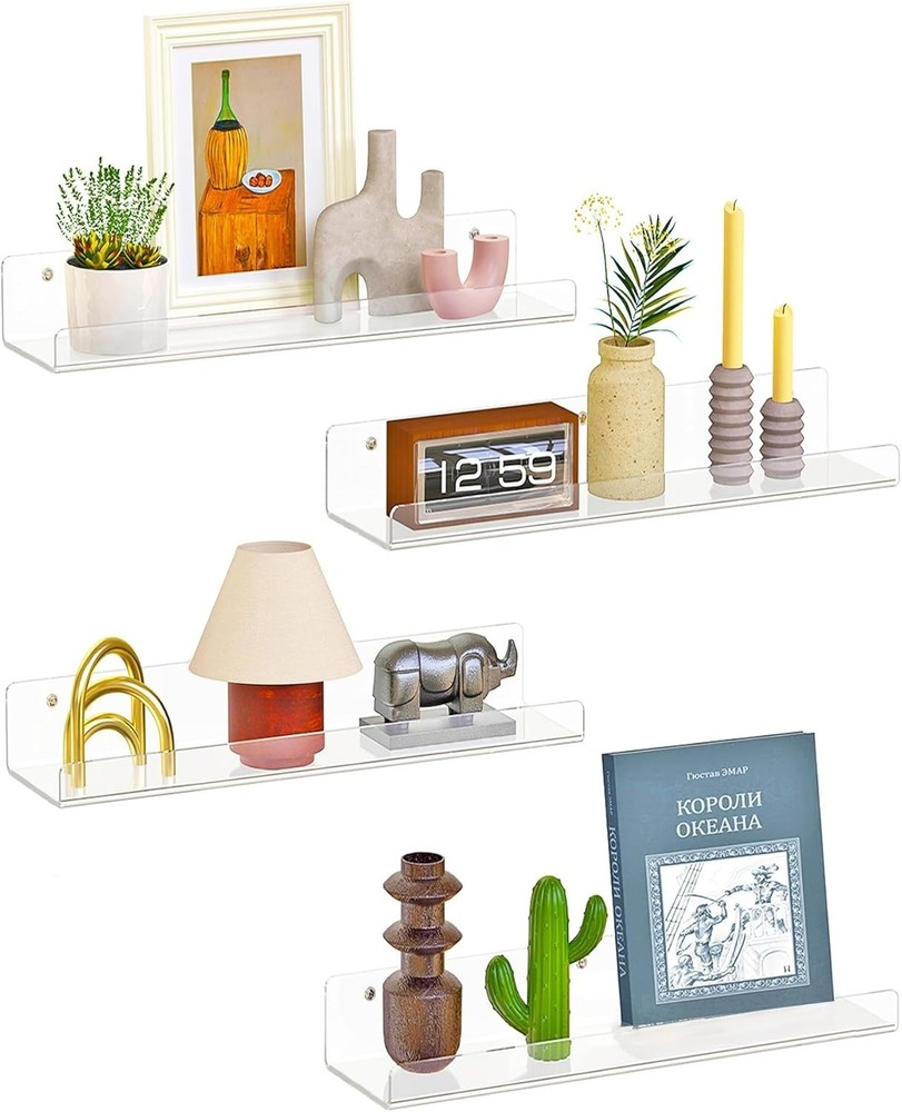 Acrylic Floating Wall Shelf,4 Pack Floating Shelves for Wall, Clear Book Shelf